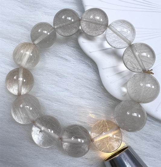 Natural Silver Rutilated Quartz Bracelet 17mm Round Beads